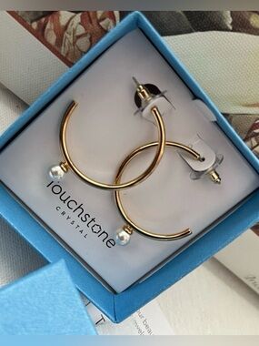 Touchstone Crystal Gold Hoop Earrings with White Pearl Accent